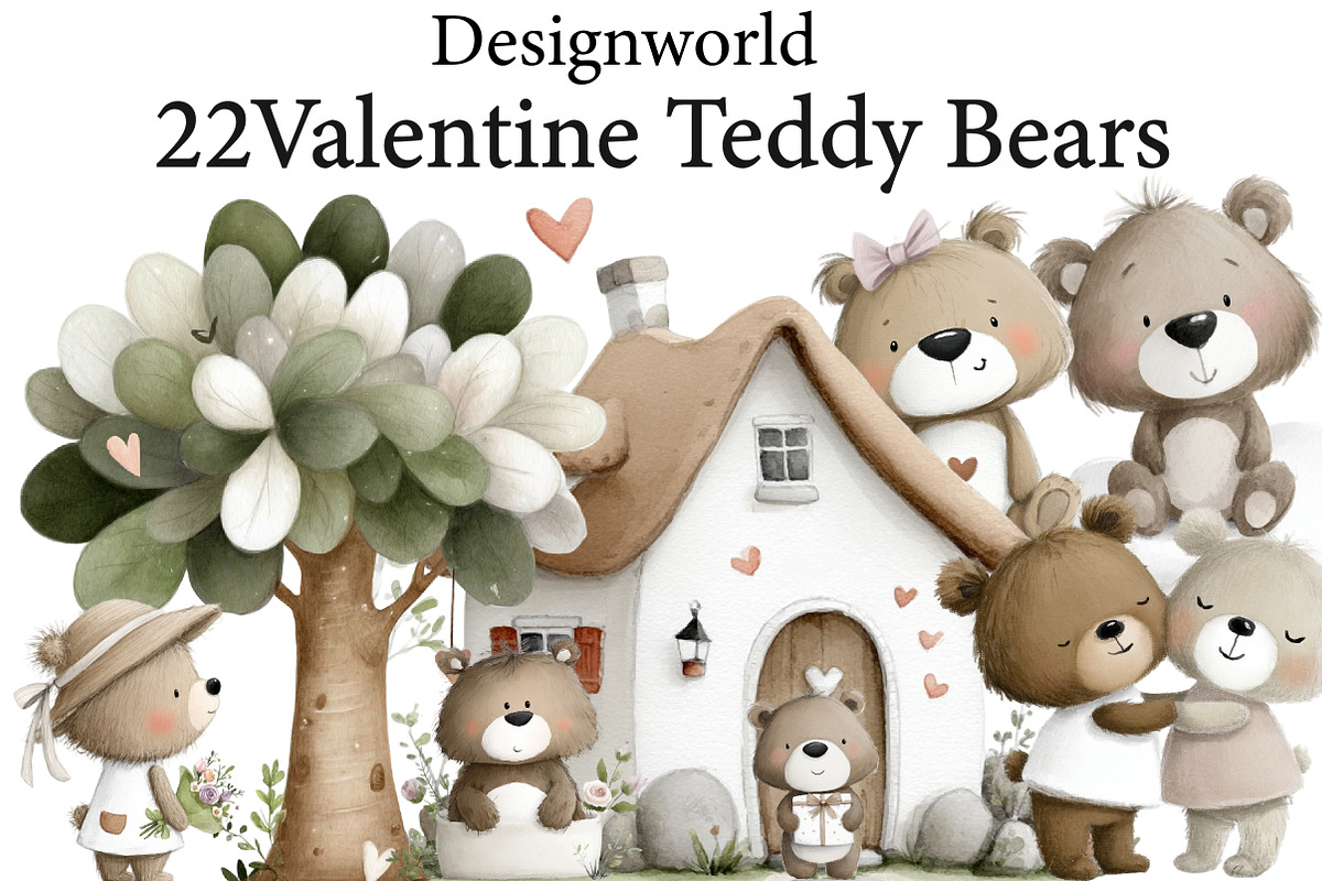 Watercolor Valentine Teddy Bears, an Illustration by Designworld (Photo 1 of 6)