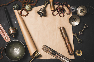 Religious objects for prayer and meditation, with a sheet of bro, a Health & Medical Photo by ndanko