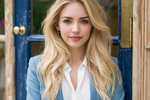 Professional young blonde woman standing outdoor, expressing con, a Person Photo by Studio ANNA