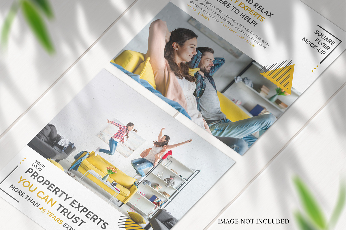 Square Flyers on white desk Mockup, a Print Template by ItemBridge