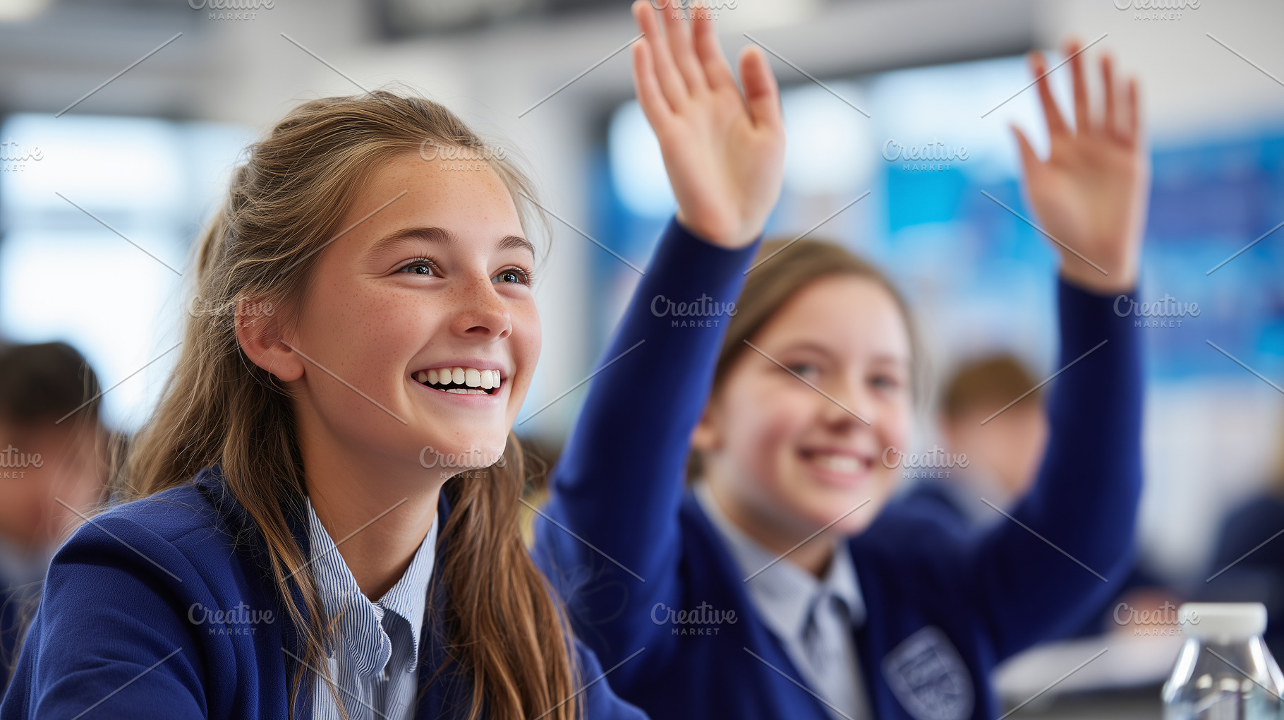 Two smiling schoolgirls in uniforms, a School & Education Photo by MistyDay