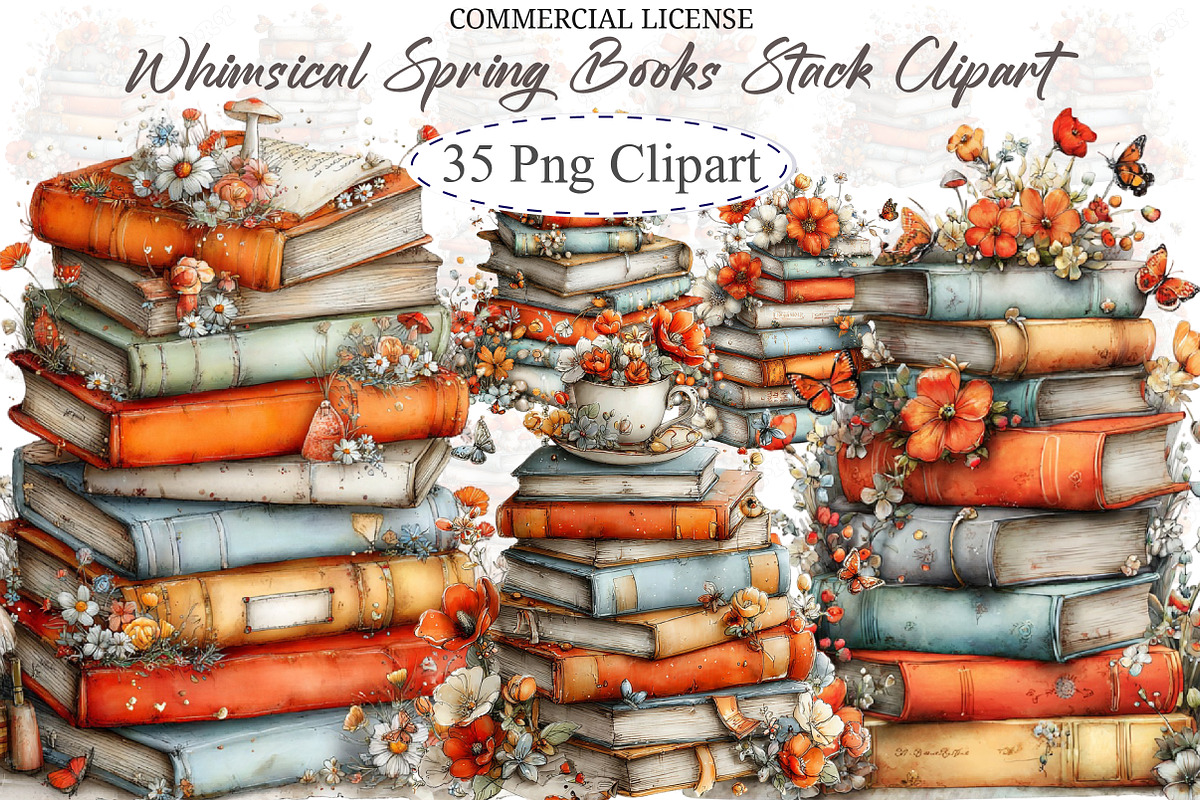 Whimsical Spring Books Stack Clipart, an Illustration by designcity5 (Photo 1 of 5)