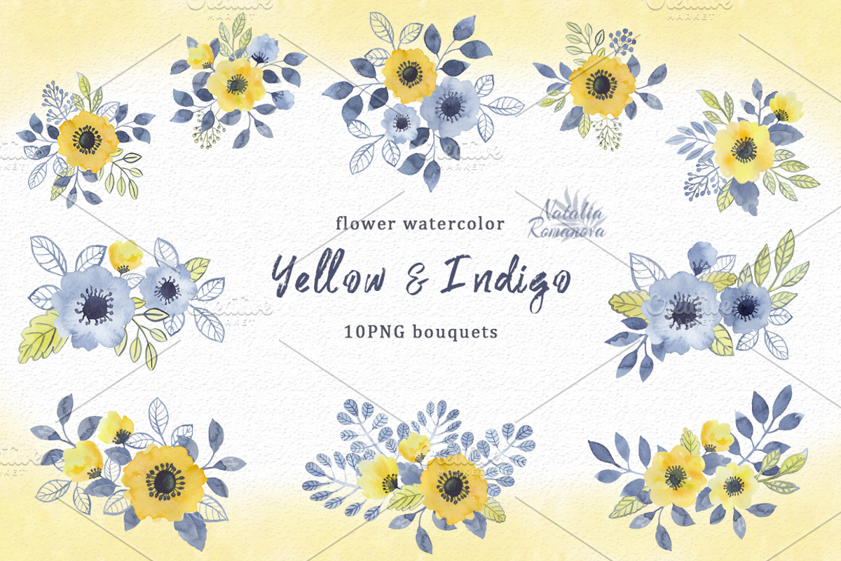 Watercolor set of yellow and indigo, an Illustration by BrushArtDesigns (Photo 3 of 6)