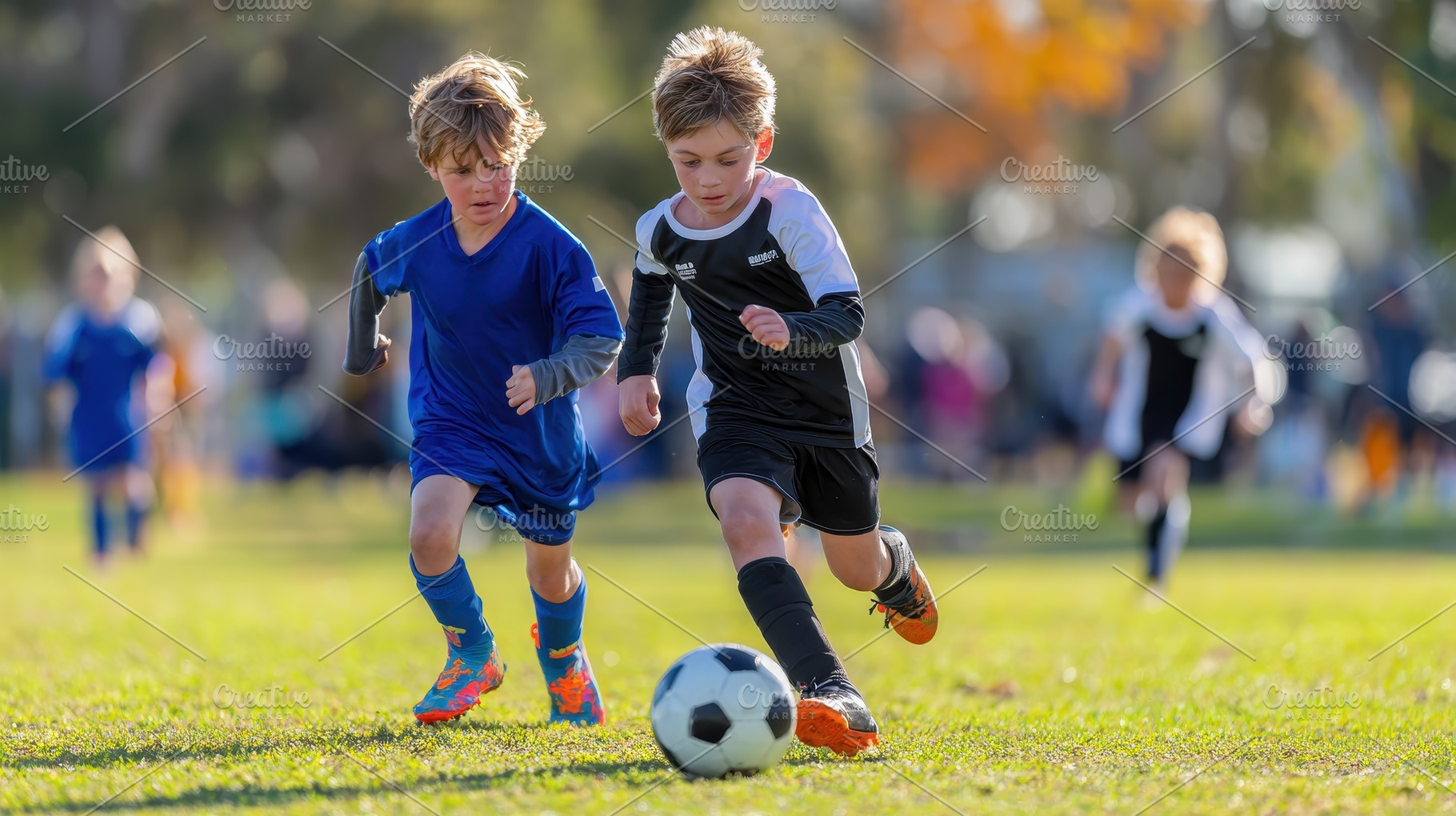 Young soccer players compete intense, a Photo by Pixeness Studio