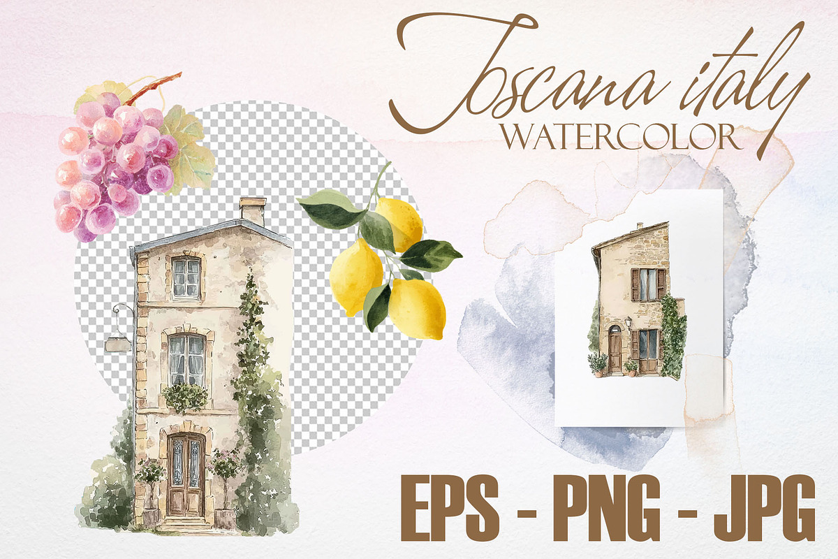 Romantic Tuscan Villa Watercolor, a Decorative Illustration by Deckar_art (Photo 3 of 5)