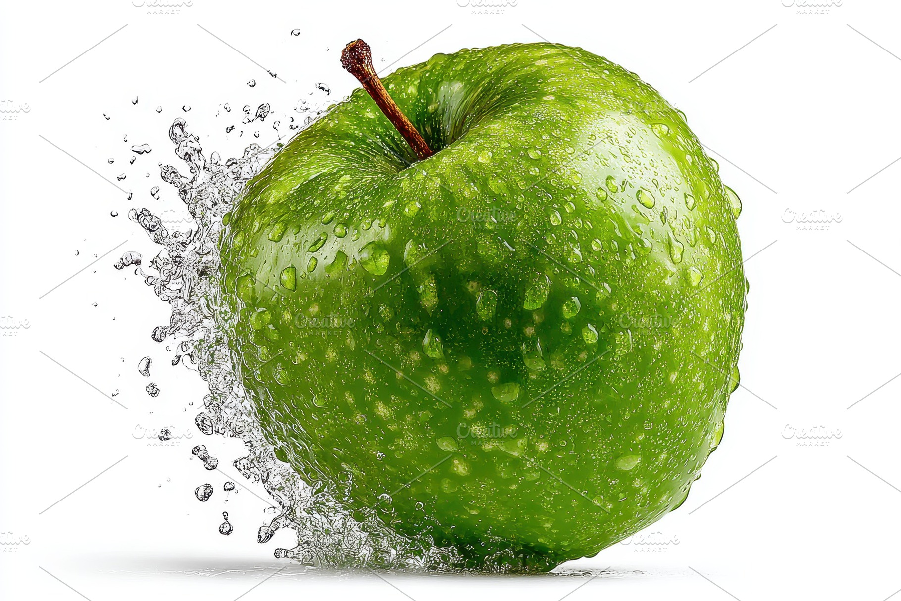 Green apple splashing in water dropl, a Photo by Pixeness Studio