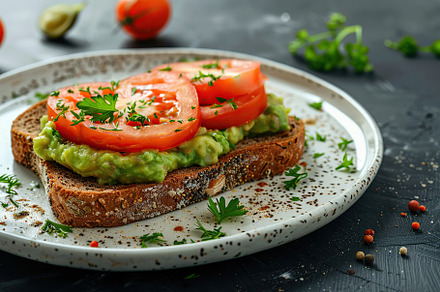 Toast bread with avocado puree and tomatoes. Vegetarian food., a Food & Drink Photo by AlyaAnd