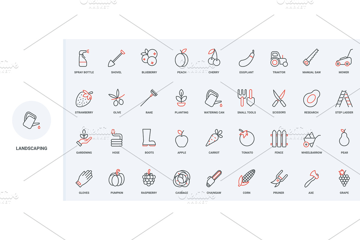 Gardeners equipment tools farm icons, an Object Illustration by Lemberg Vector