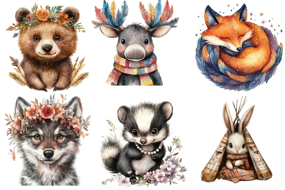Boho Woodland Animals Watercolor Cli, an Illustration by Watercolor design (Photo 4 of 4)