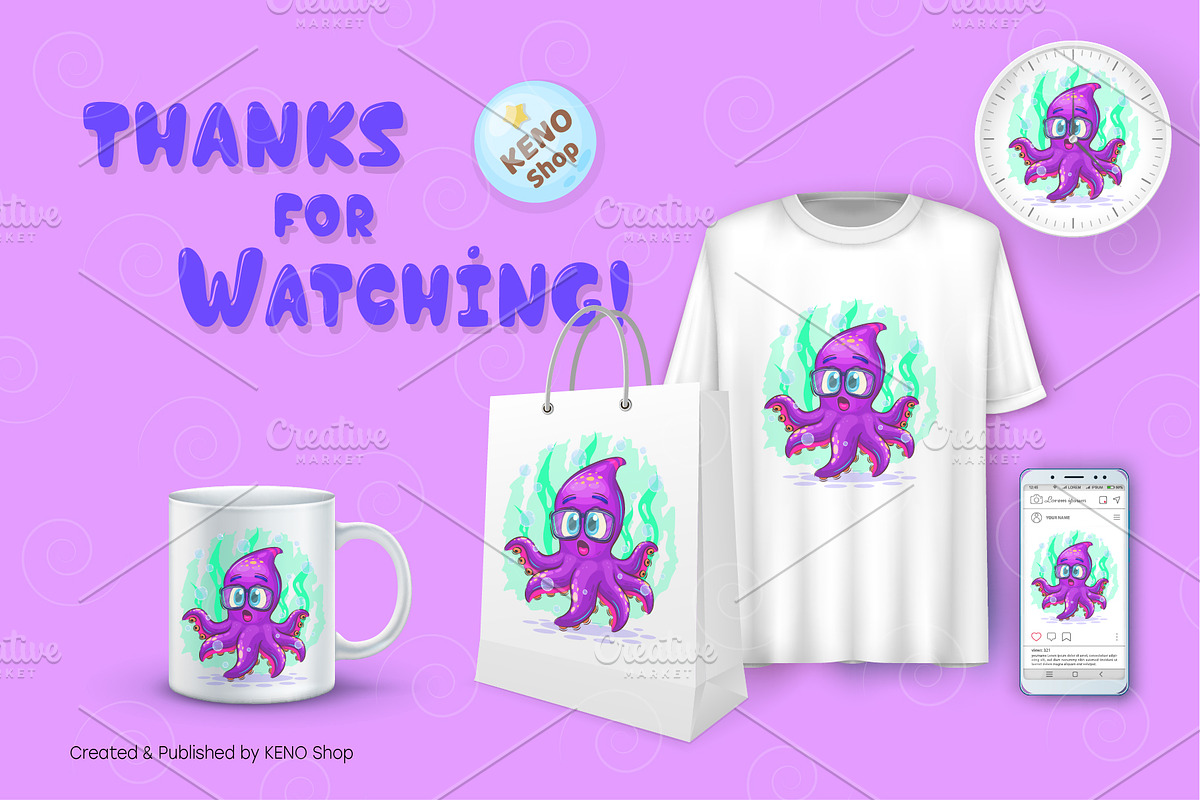 Cartoon surprised octopus. Tshirt, an Animal Illustration by KENO Mascots (Photo 4 of 4)