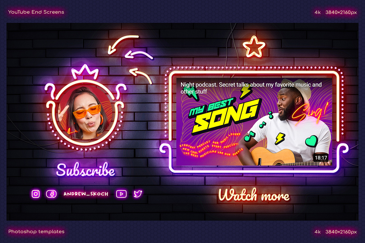 Neon YouTube End Screens, a Social Media Template by Andrew Skoch Design (Photo 5 of 18)