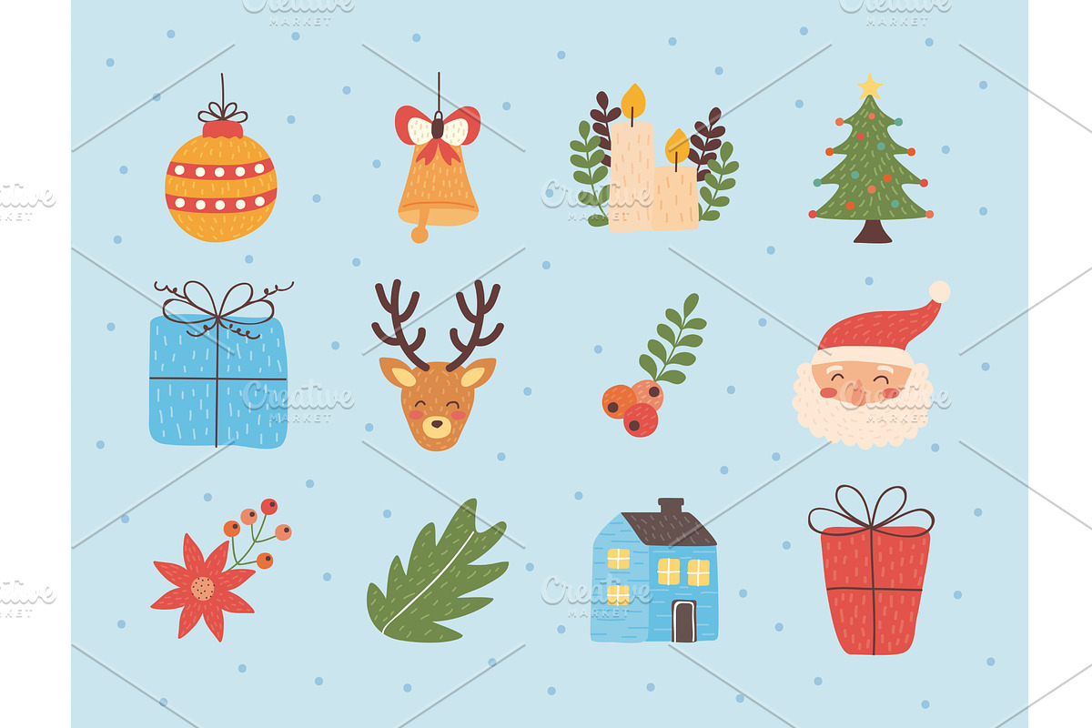 twelve christmas holiday icons, an Illustration by studiogstock