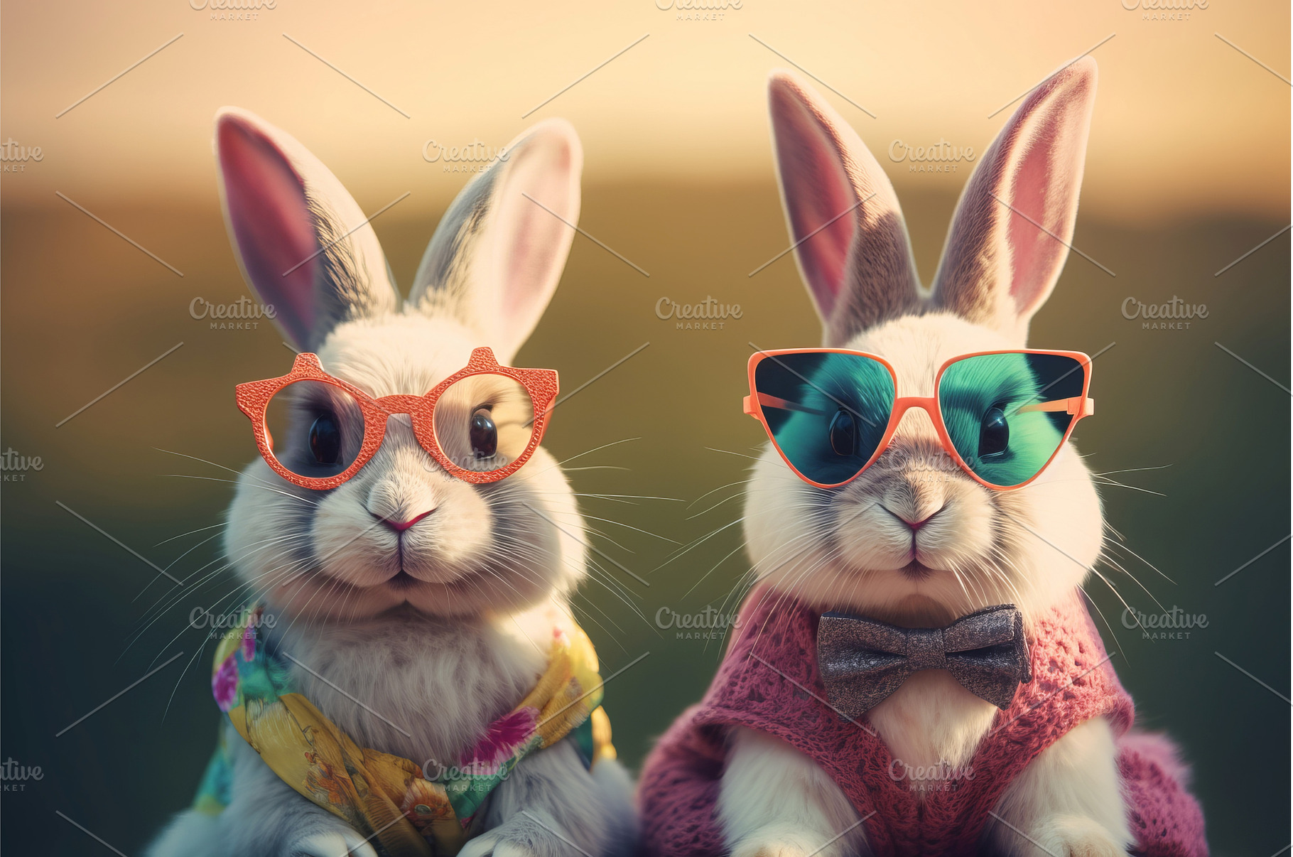 Bunnies in quirky costumes. Generate, an Animal Photo by Ylivdesign