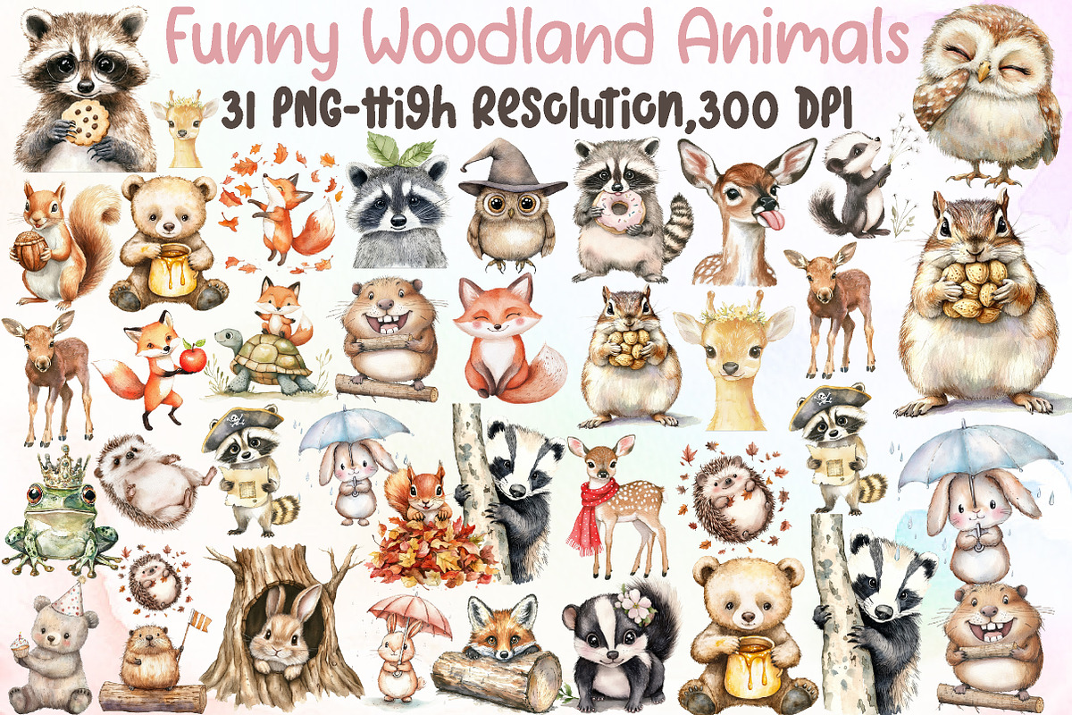 Cute Funny Woodland Animals Clipart, an Illustration by Sublimation Artist (Photo 1 of 6)