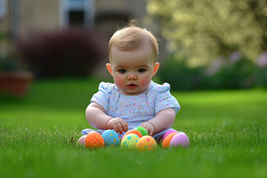 Baby explores toys on grass, a Photo by Pavel_design