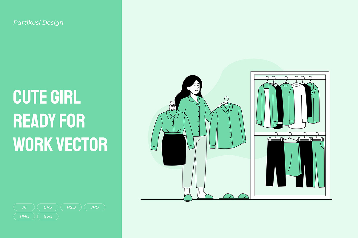 Cute Girl Ready for Work Vector, a Work Illustration by Partikusi Design (Photo 1 of 3)
