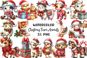 Cute Christmas Farm Animals Clipart, an Illustration by CraftArtStudio