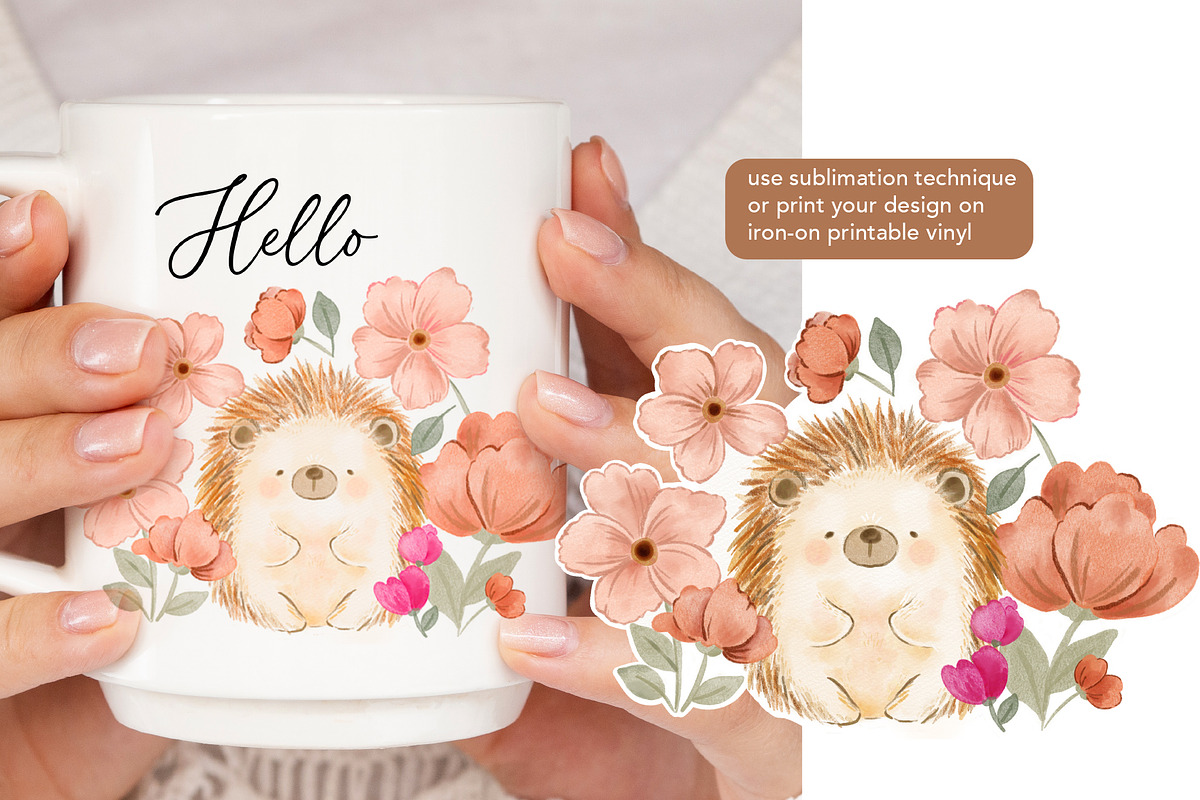 watercolour flower cute hedgehog, an Illustration by hanacrochetdesign (Photo 5 of 7)