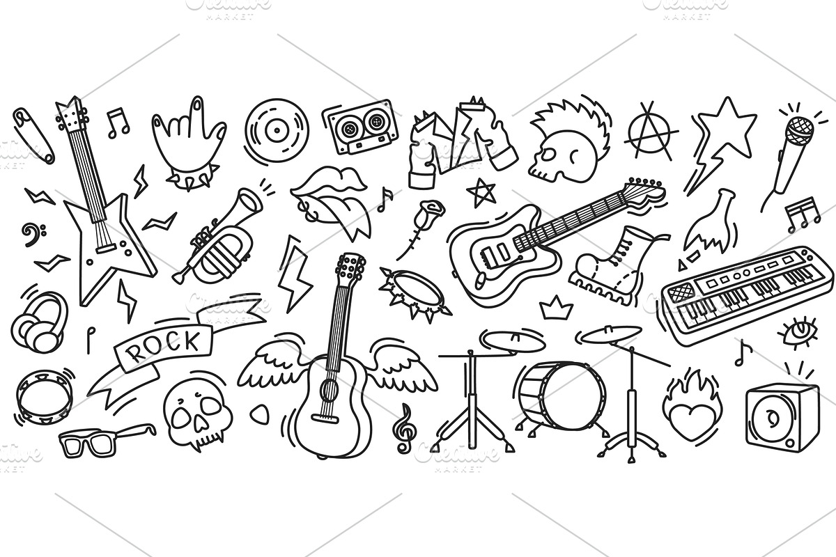 Rock music doodle. Guitar, skull and, an Object Illustration by winwin.art