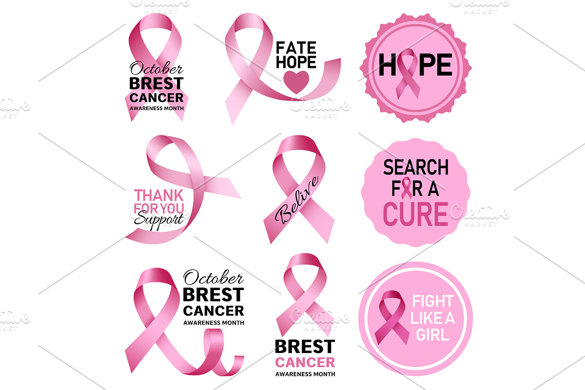 Breast cancer logo set, realistic, an Object Illustration by Ylivdesign