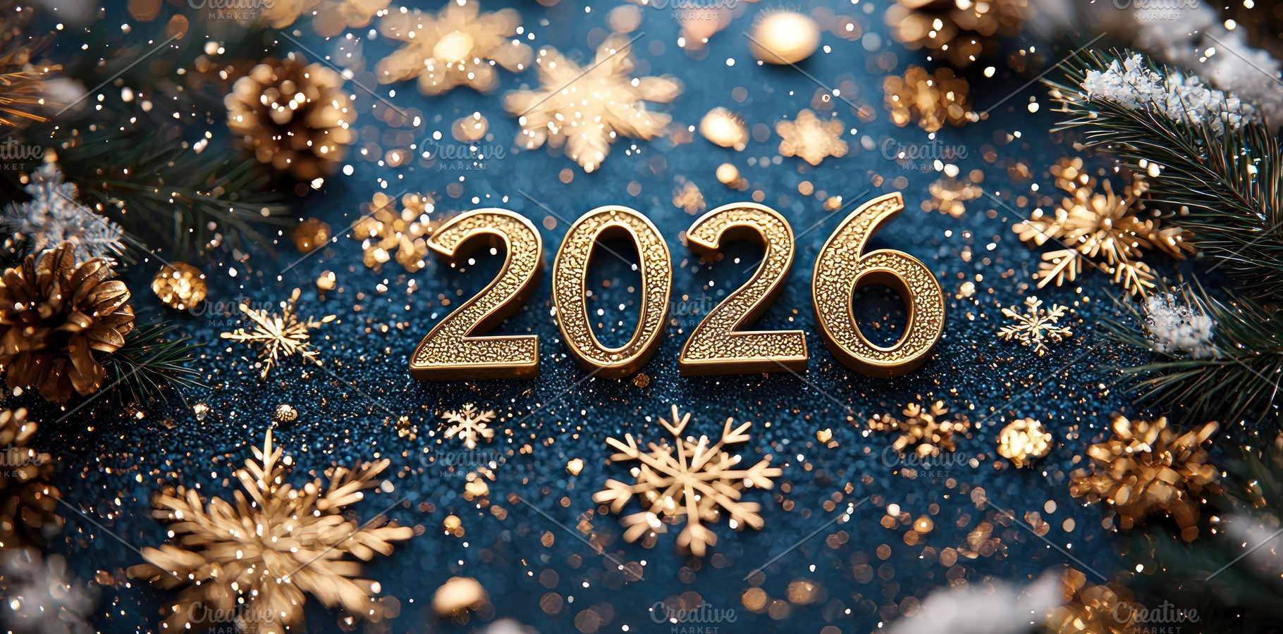 Golden 2026 numbers with festive snowflakes pine branches and gl, a Background Photo by José Manuel Gelpi