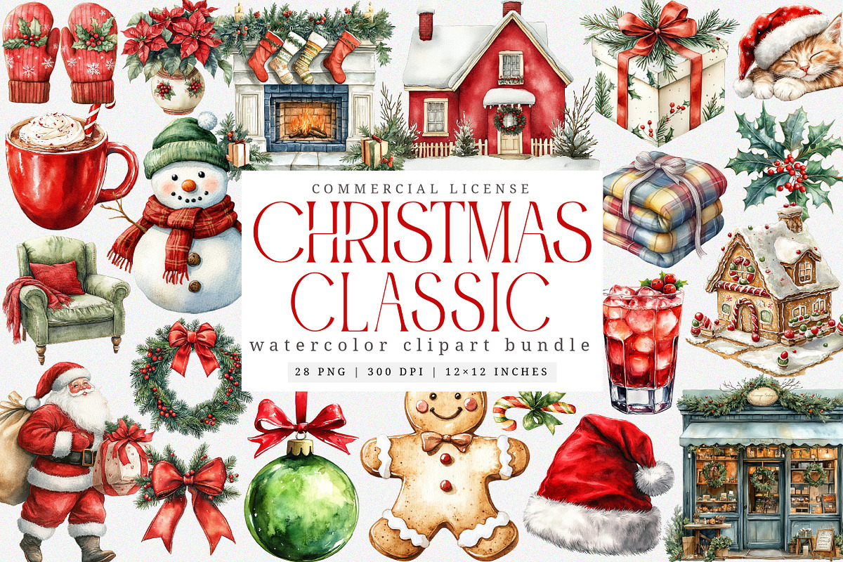 Watercolor Classic Christmas Clipart, an Illustration by SinaCreation (Photo 1 of 7)