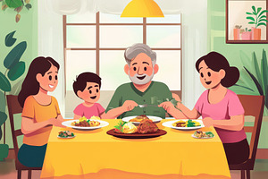 family gathers around the table, a Photo by Pavel_design