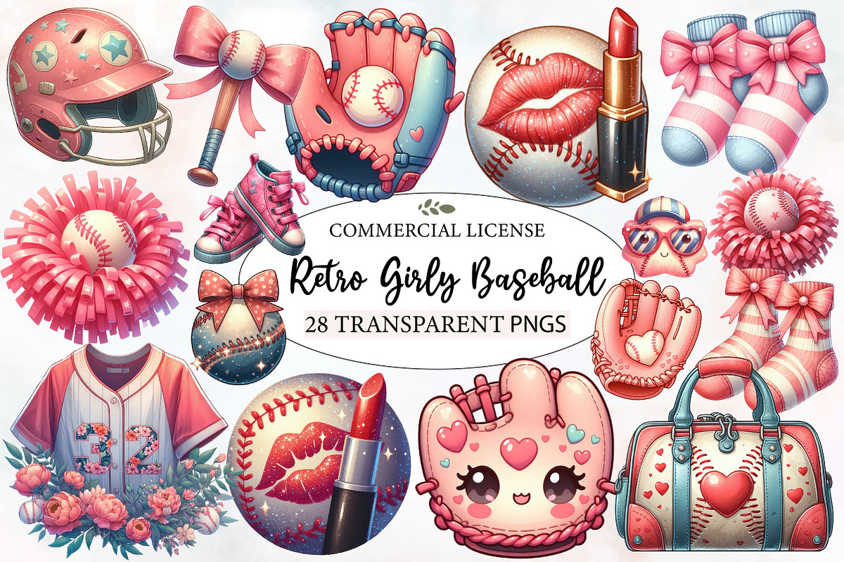 Watercolor Retro Girly Baseball Clip, an Illustration by Designworld (Photo 1 of 7)