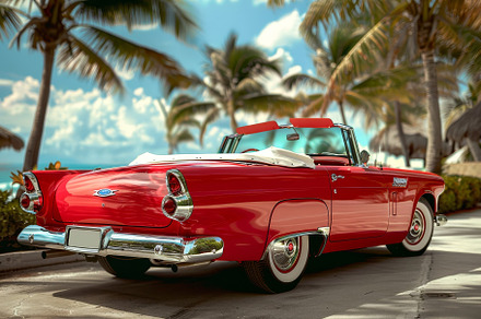 A classic red convertible is parked, a Photo by Tanuart