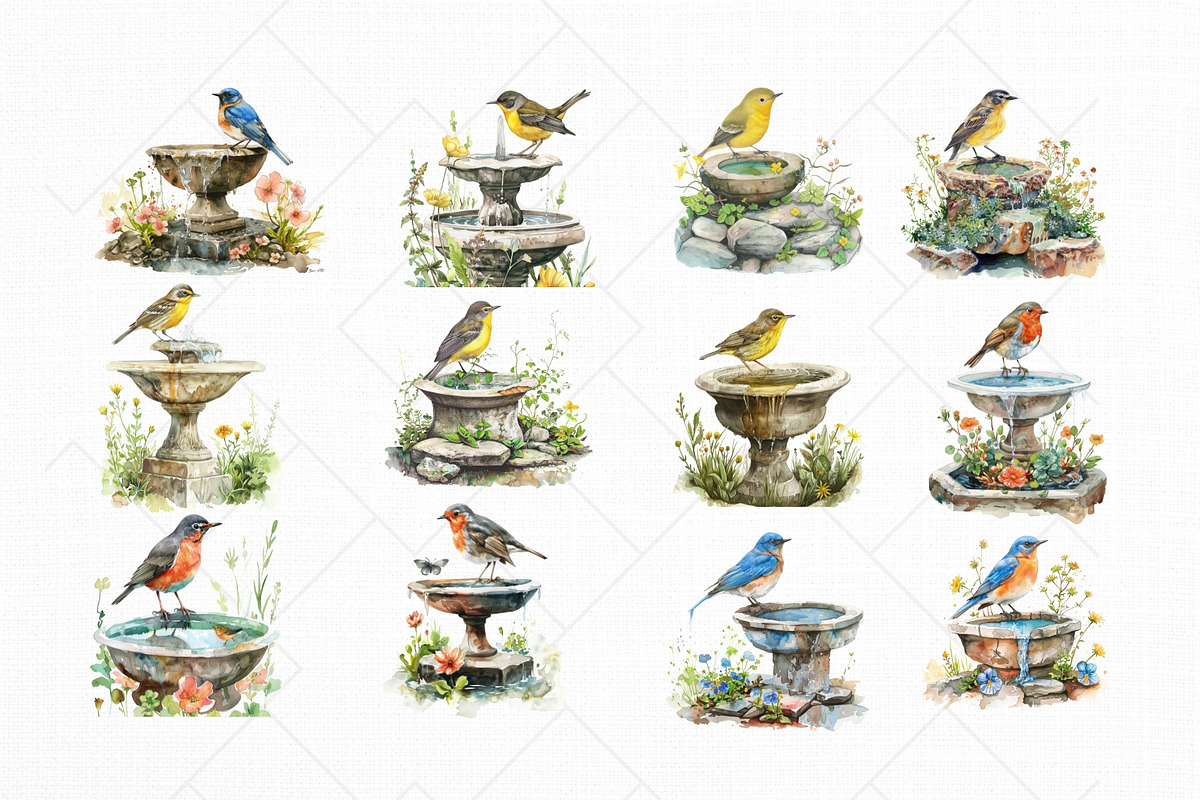 Birds on Water Fountain Clipart Set, an Animal Illustration by The Twin Lakes Studio (Photo 9 of 9)