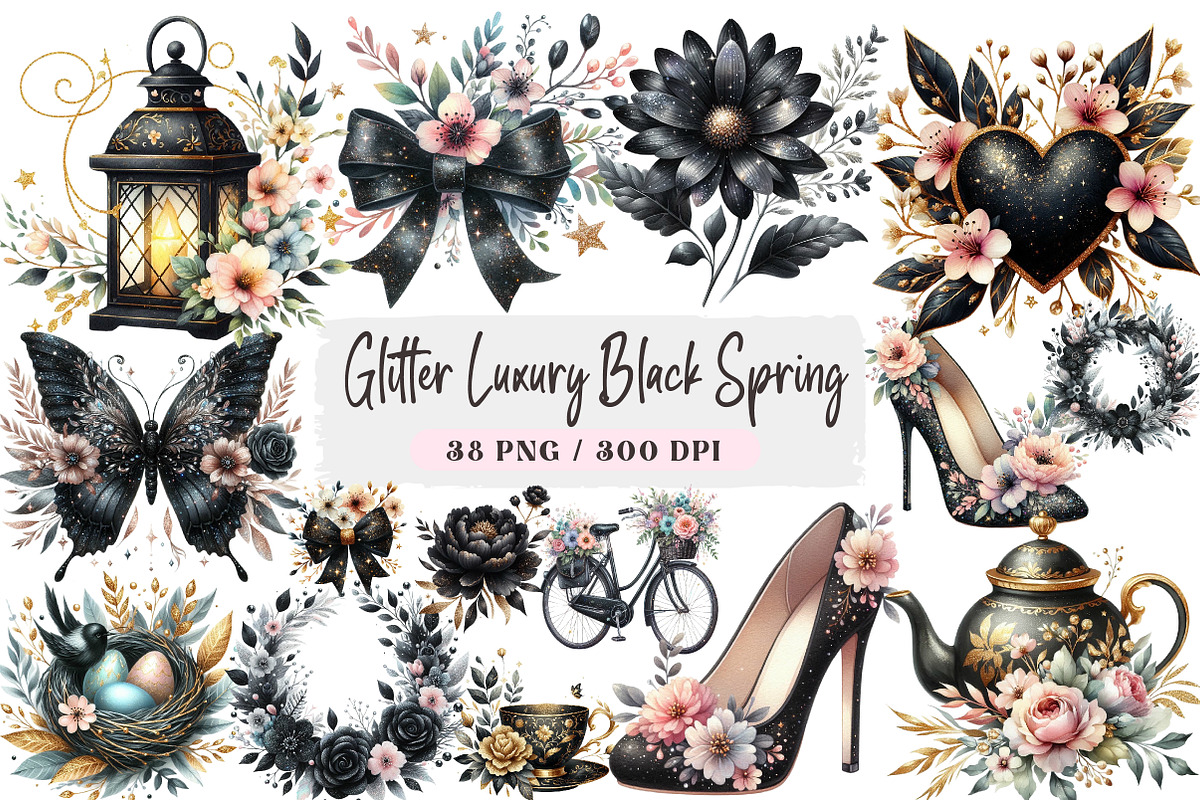 Glitter Luxury Black Spring Clipart, an Illustration by DreamArtGraphic (Photo 1 of 4)