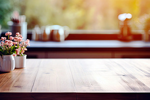 Wooden tabletop over defocused kitch, a Photo by LOGOCREATIVE