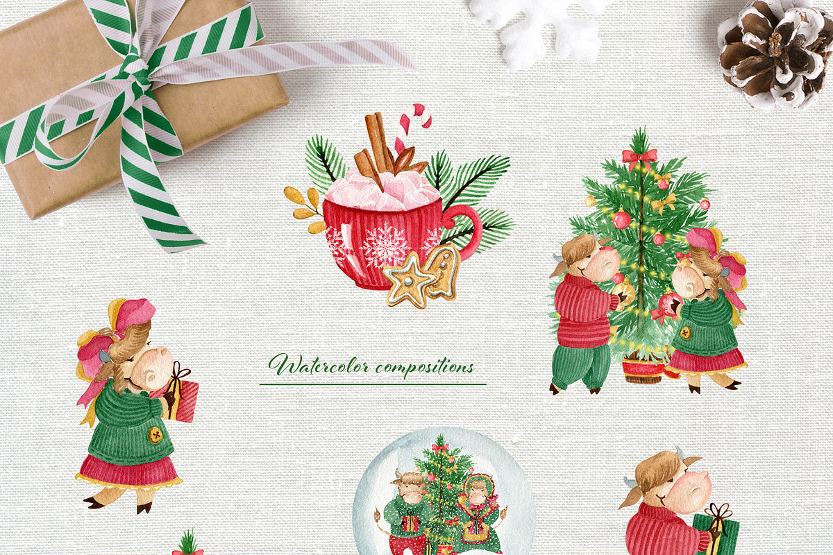 Cute cows. Watercolor Christmas set, an Object Graphic by JuliaBadeeva (Photo 2 of 8)