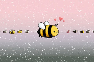 Cute Cartoon Bumblebee Family Flying Inline with Hearts on Pink, a Nature Photo by José Manuel Gelpi