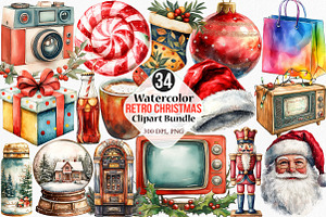 Watercolor Retro Christmas Clipart, an Illustration by Canvas Craft