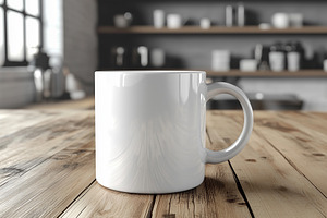 Glossy white mug mockup on a wooden, a Food & Drink Photo by MistyDay
