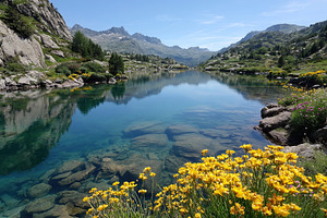 Serene alpine lake surrounded by lush green hills and vibrant wildflowers under, a Nature Photo by AlyaAnd