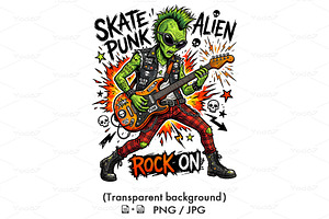 Alien playing an electric guitar.