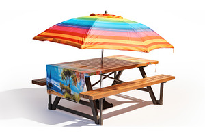 a picnic table with umbrell ai, a Nature Photo by pikepicture