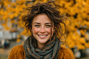 Smiling woman with tousled hair and freckles wearing cozy scarf, a Person Photo by José Manuel Gelpi