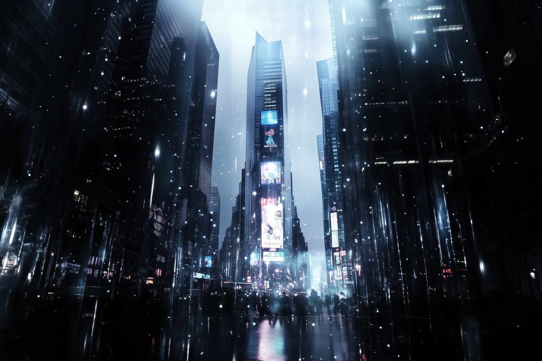A futuristic cityscape at night, featuring tall skyscrapers with bright ...