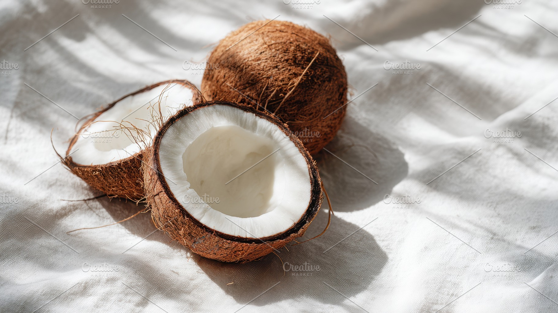 Coconuts on a soft white fabric, a Photo by Beautiful things