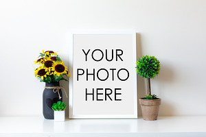 White Frame With Sunflower & Topiary