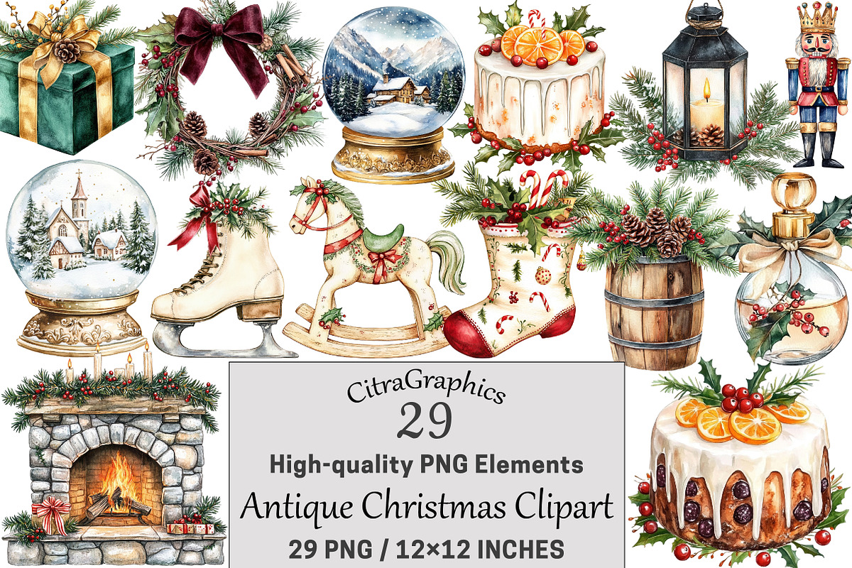Antique Christmas Watercolor Clipart, a Seasonal Illustration by CitraGraphics (Photo 1 of 6)