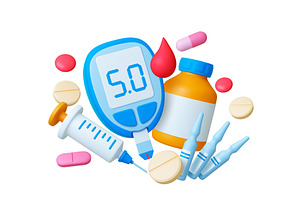 Diabetes 3d concept. Pills syringe, an Object Illustration by Valerie Bodnar