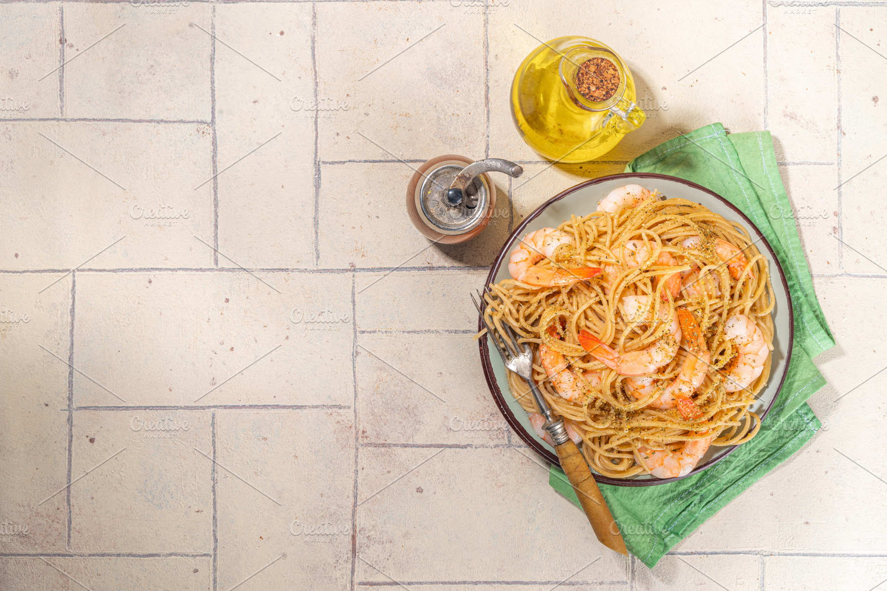 Spaghetti pasta with shrimp, a Food & Drink Photo by Rimma