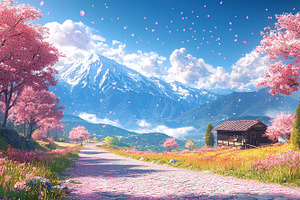Cherry blossom trees lining a mountain path with falling petals,, a Person Photo by José Manuel Gelpi