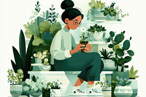 Woman holding small plant in indoor garden illustration, a Person Photo by José Manuel Gelpi