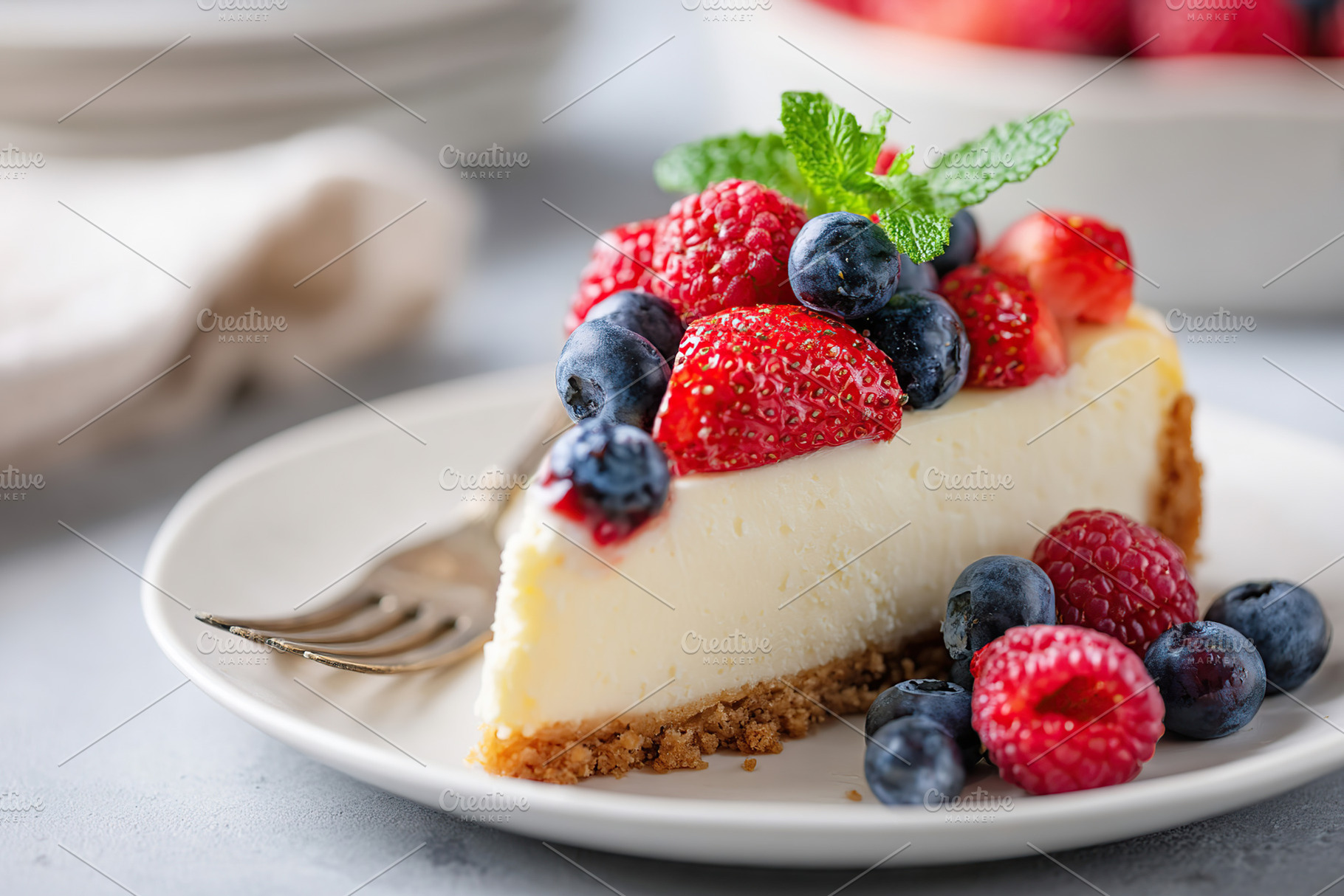 Creamy cheesecake slice with fresh berries on a white plate in a cozy setting, a Food & Drink Photo by AlyaAnd