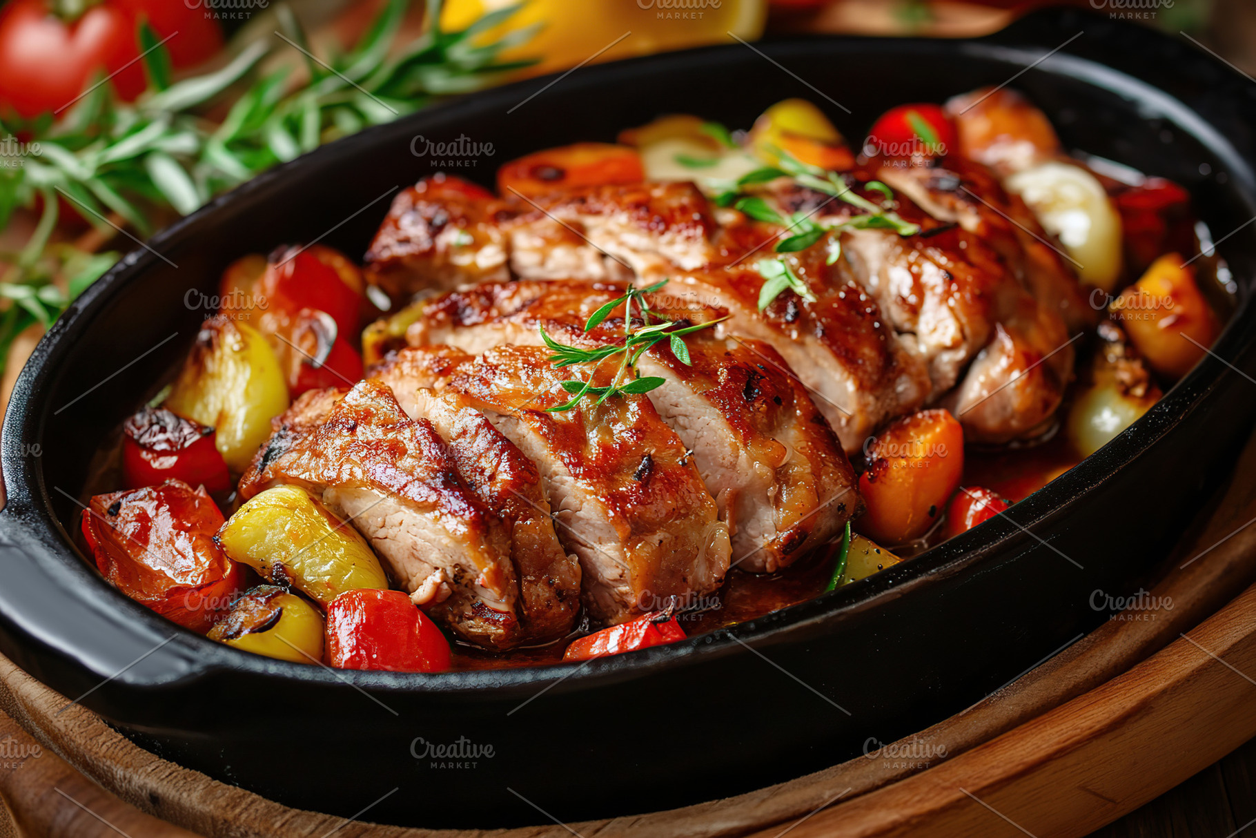 Savory roasted meat with fresh vegetables in a rustic setting, a Food & Drink Photo by AlyaAnd